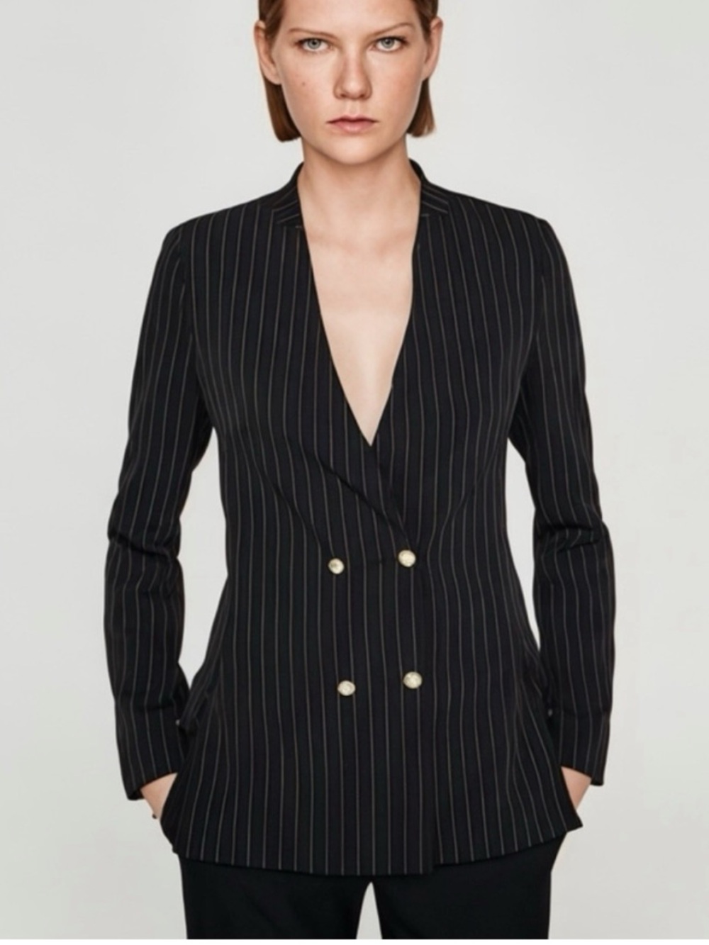 Zara Black Pinstripe Blazer with Gold Buttons
